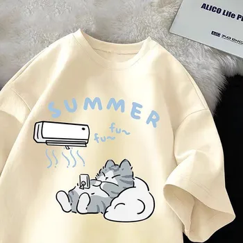Summer Japanese Cartoon Cute Cat Fun Print Short Sleeve T-shirt Women's Loose Casual Half Sleeve Soft Bottom Plus Size Shirt Top 1