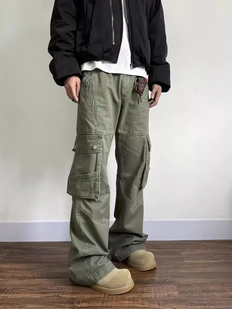 American Decosition Design Men's Work Pants with Multiple kets Straight Leg Bell Bot Waed Vintage Casual Trousers