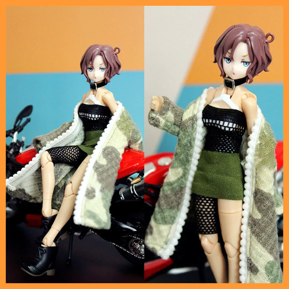 

[High Quality]1/12 Girl Clothes Set Camouflage Long Coat Hollow Bra Hip Skirt Mesh Leg Ring Model for azone12 fag Action Figure