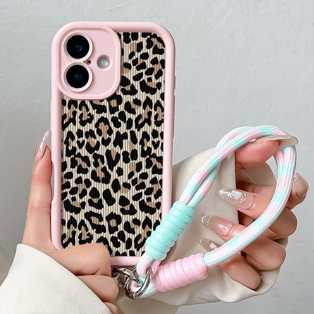 Stylish Leopard Pattern Lanyard Phone Case with Wrist Strap and Shockproof Soft TPU Back Cover