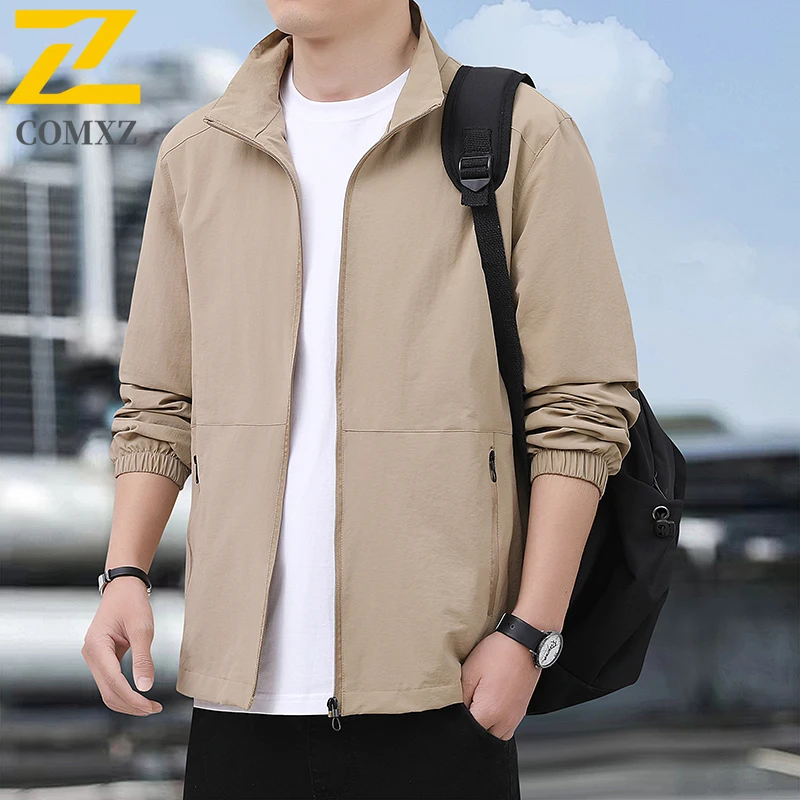 EiAO Jacket Men Stand Collar Korean Style Slim Fit Casual Coat Plus Size Waterproof Windproof Outdoor for Hiking Camping Fishing