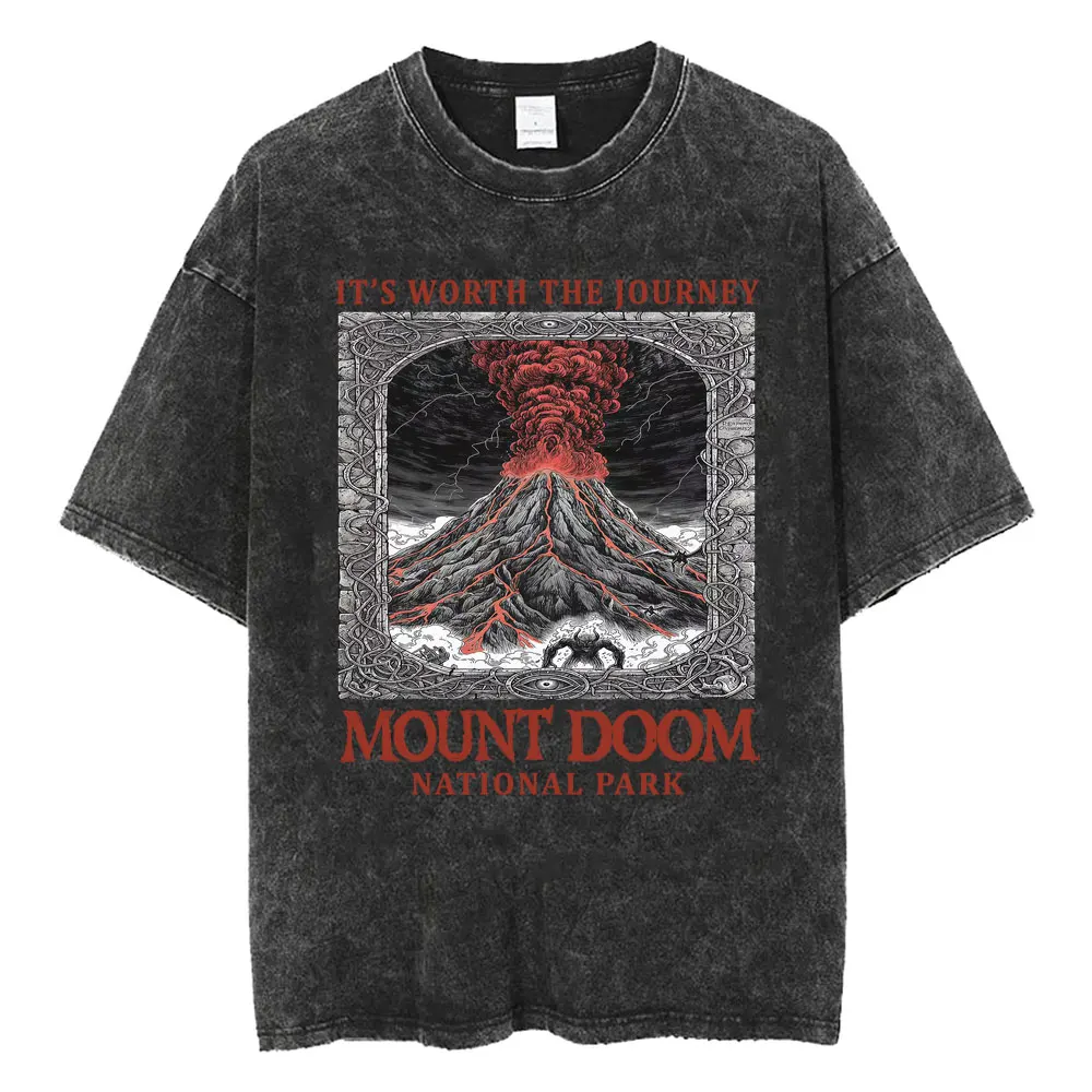 Lustige LOTR Mordor Mount Doom National Park Vintage Washed T-Shirts für Männer und Frauen, modisches, übergroßes T-Shirt im japanischen Stil, Streetwear