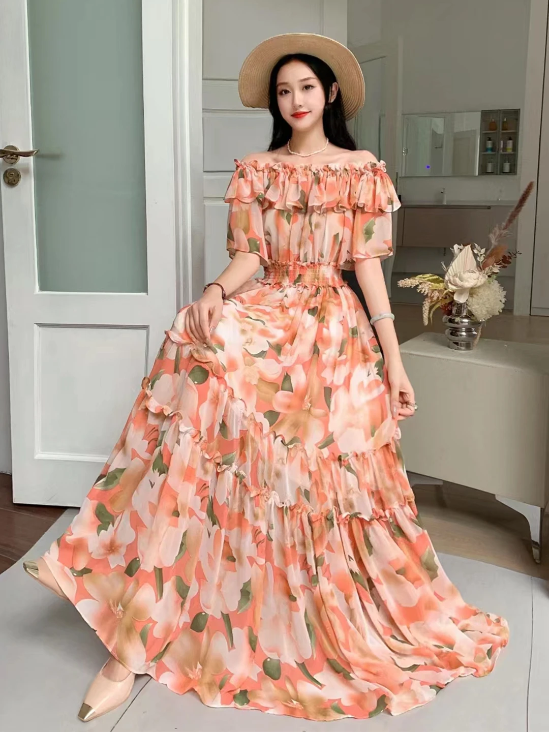 2024 New Summer Women Sexy Slash Neck Short Sleeve Slim Long