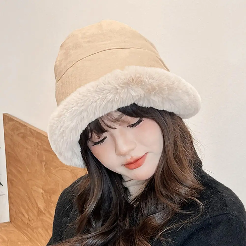 

Plush Hat Plush Bucket Hat Winter Fishman Hat Faux Fur Decor Color Matching Windproof Warm Lady Cap