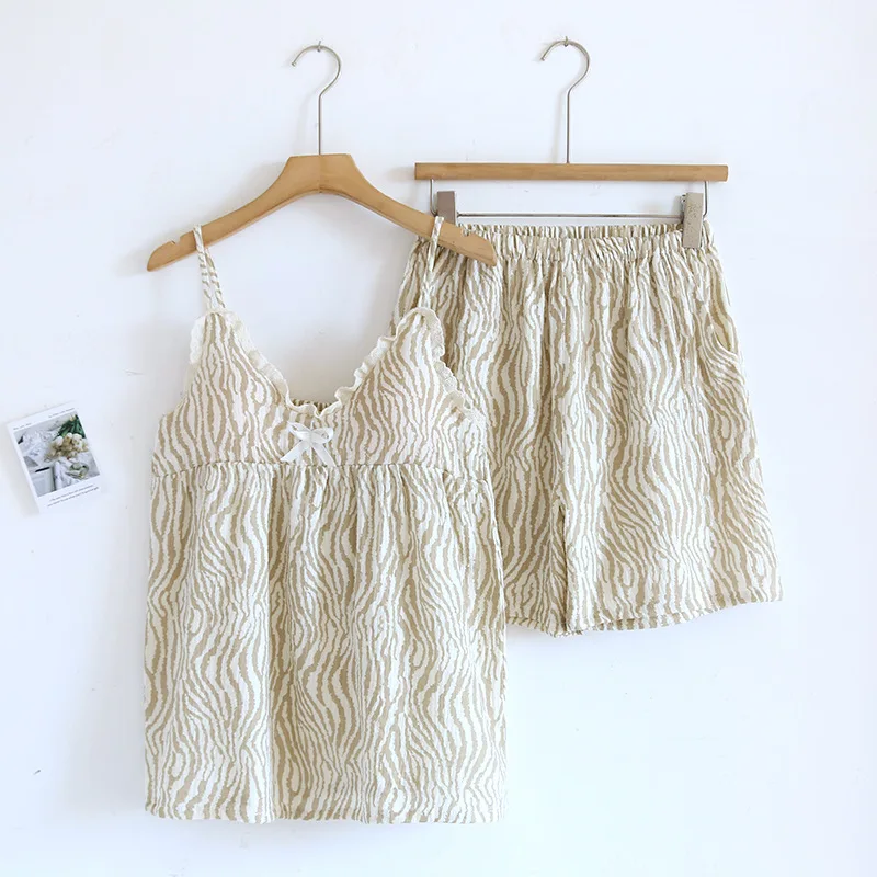 2024 Summer New Women's Two Piece Set of 100% Pure Cotton Crepe Cloth with Chest Cushion Sleepwear Sweet and Cute Home Fury
