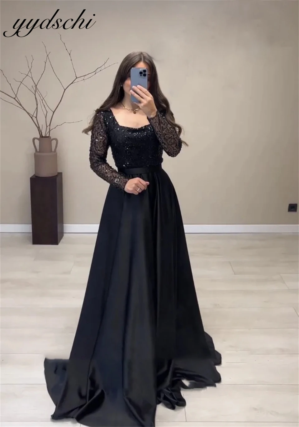 

Elegant Square Neck Sequined Black A-line Full Sleeves Evening Dresses For Women Sweep Train 2024 Prom Dresses Party Dress