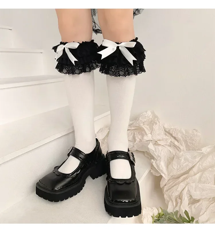 Mädchen Lolita Strümpfe Y2k Rüschen Lange Socken Strümpfe Japanischer Stil Kawaii Schleife Niedliche Spitzenarbeit Kniestrümpfe Strümpfe – Detail 15