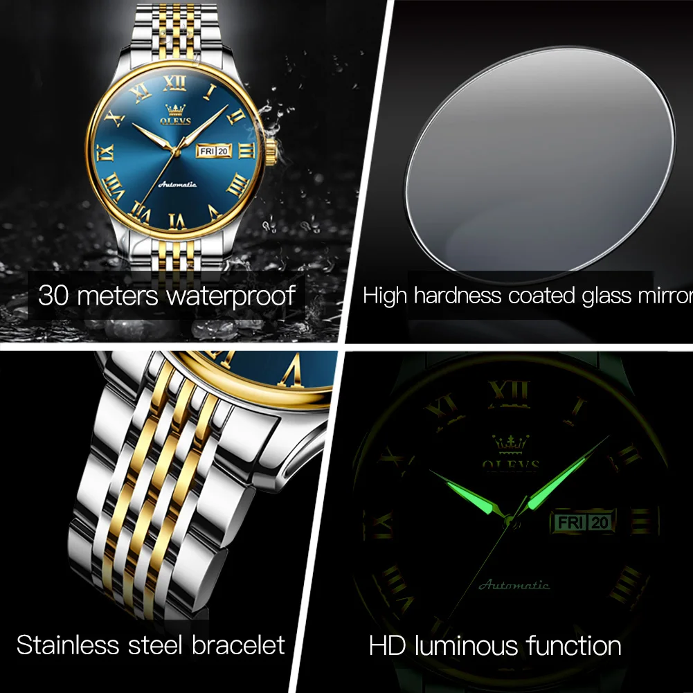 OLEVS Fashion Blue Mechanical Watch for Men Stainless Steel Waterproof Business Mens Watches Top Brand Luxury Relogio Masculino