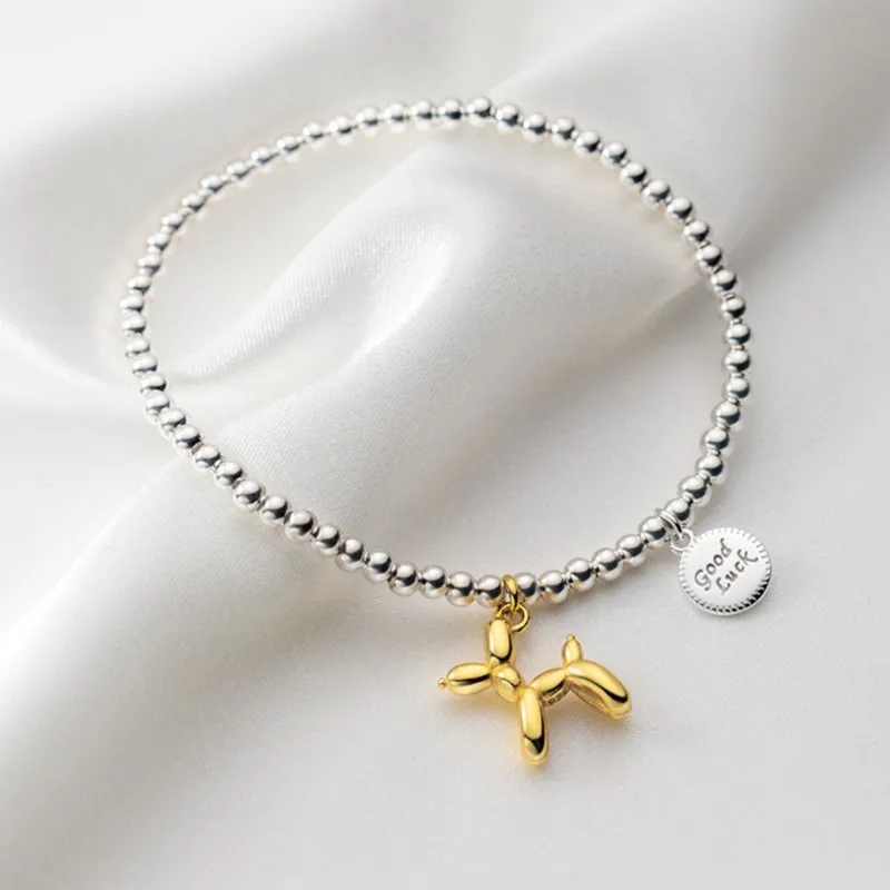 Silver Color Beads Chain Balloon Dog Bracelet for Women Ladies Fashion Cute Puppy Pendant Chain Party Jewelry Birthday Gifts