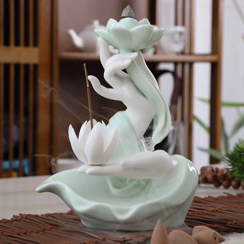 

Celadon керамическое ремесло Zen Buddha ручной Поджиг для благовоний, курильница лотоса ручной работы, украшение для дома, офиса, чайного дома