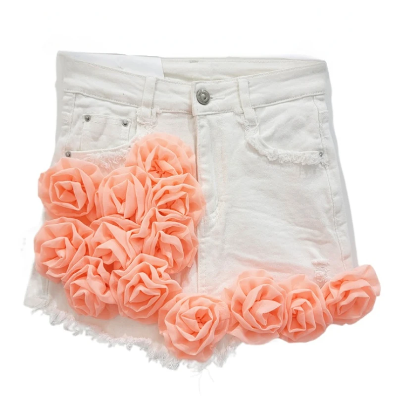 European Style Flower Design Raw Edge Denim Skirt Shorts for Women 2024 Summer New Retro Stretch High Waist A- Line Hot Pants