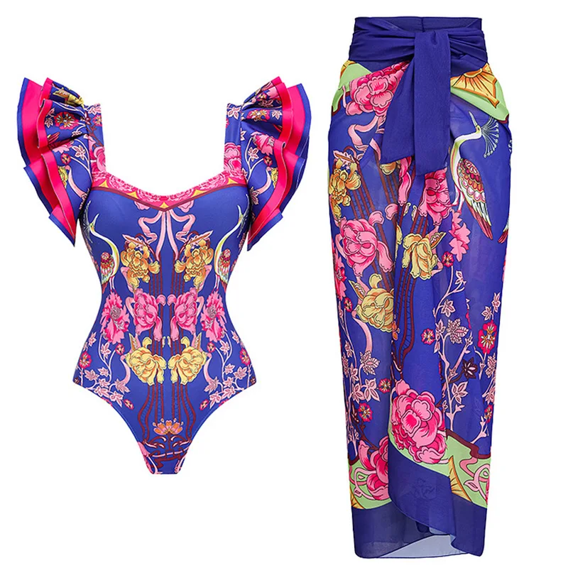 

2024 New Arrival Push Up Women Bikini Set Floral Printed Ruffle Bikinis Strappy Bandage Swimwear Brazilian Biquini Bathing Suit