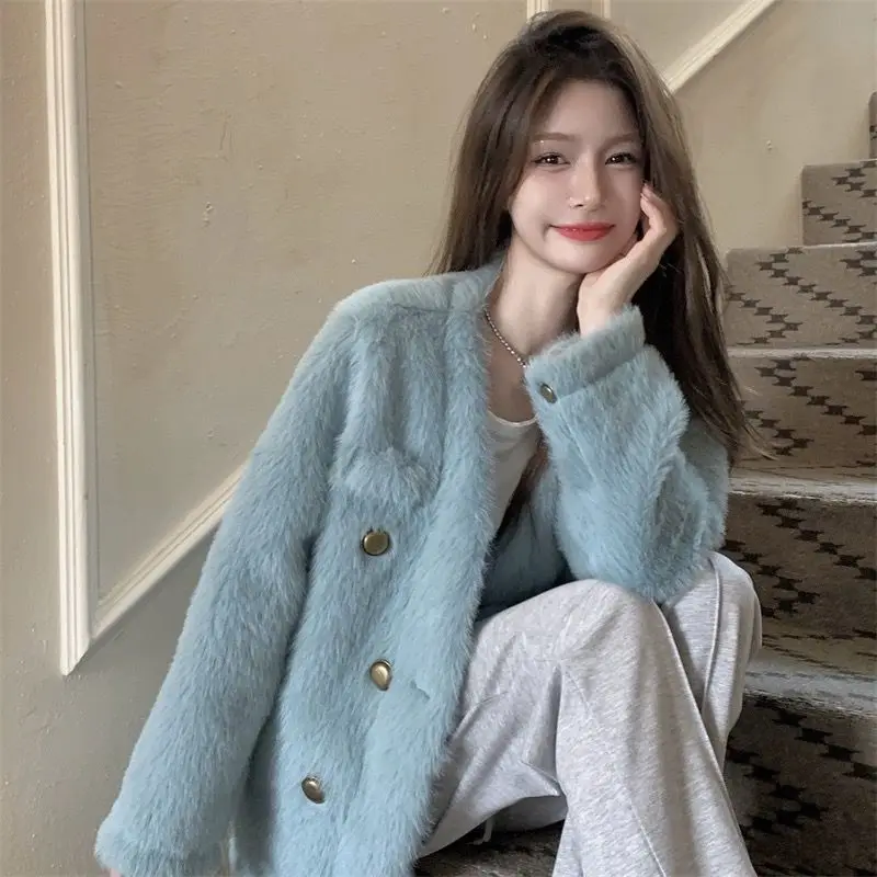 Vintage Fur Jacket Women Double-breasted Autumn Winter Faux Mink Fur Coat Warm Korean Chic Long Sleeve Luxury Designer Clothing