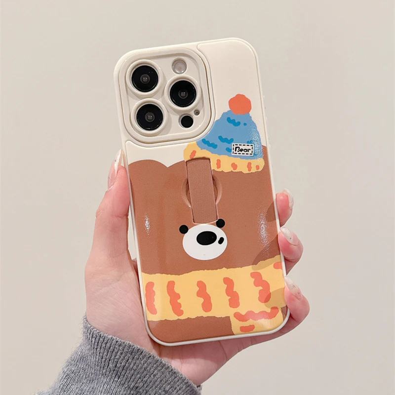 Cartoon Cute Bear Dog Ring Holder Phone Case For iPhone 16 15 13 14 Pro Max TPU Back Cover With Bracket