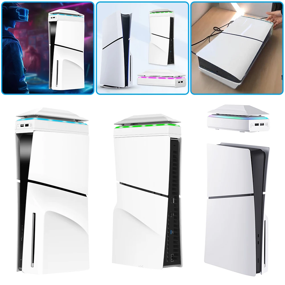 Top Cooling System with Dust Cover Colorful LED Light 2 USB Port Upper RGB Cooling Fan 3 Speed for PS5 Slim Console Disc/Digital
