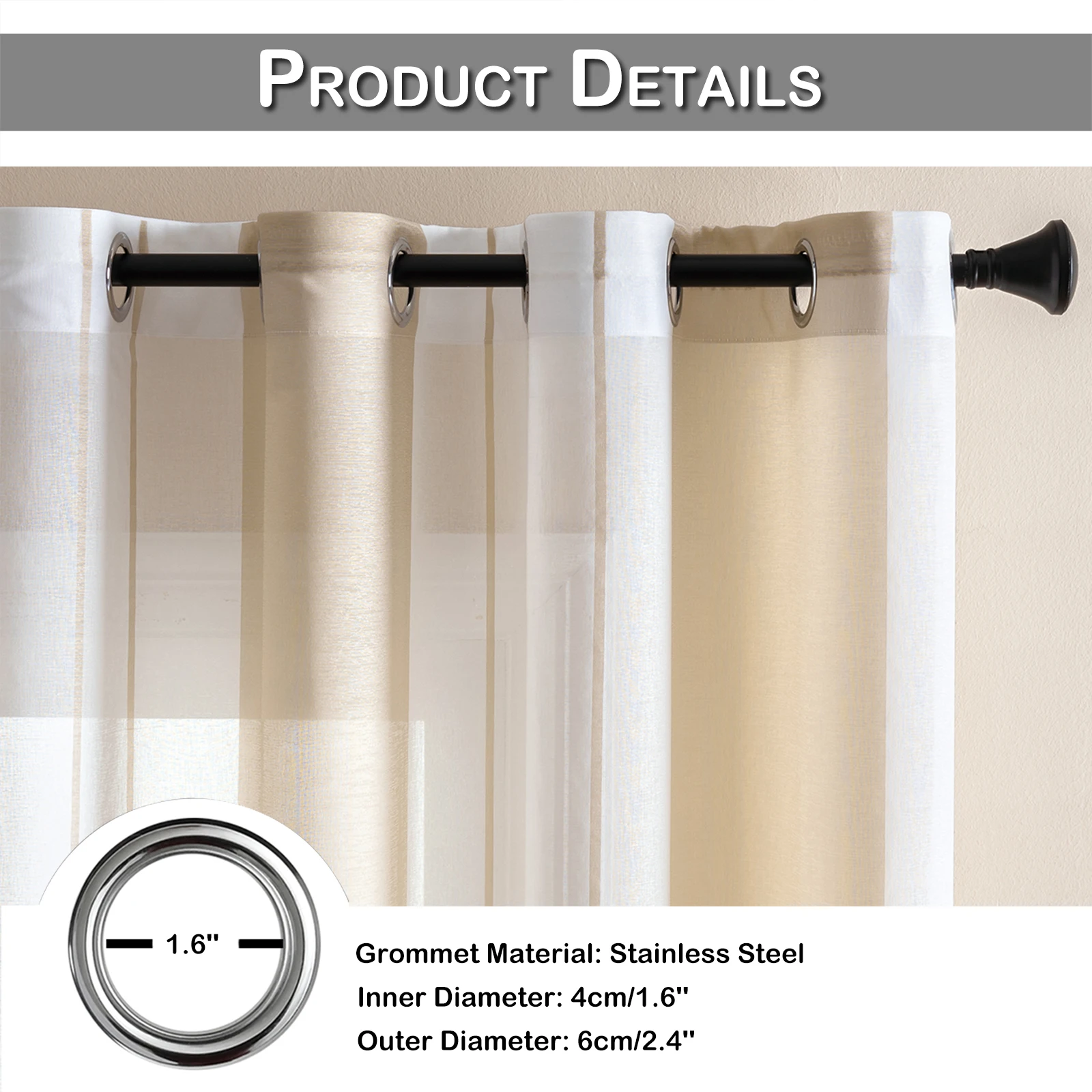 Striped Sheer Curtains | Soft Voile Fabric Semi Sheer Drapes - Eyelet Panels for Office & Home