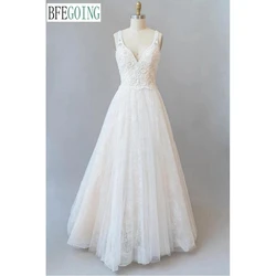 Luxurious Lace Appliques Beading V-Neck A-Line Wedding Dresses Chapel Train Custom Made Floor-Length Sleeveless Bridal Gowns
