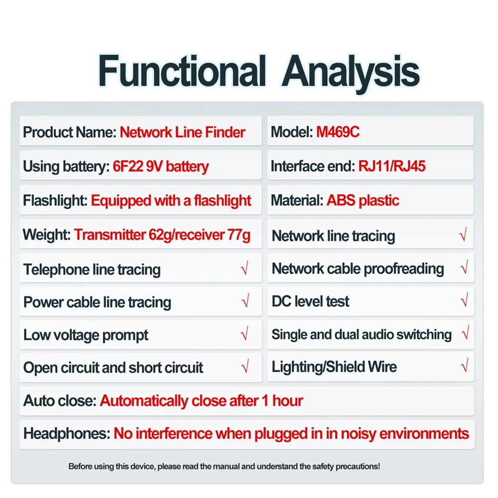 RJ11/RJ45 Multifunction Network Cable Tracker Anti-Interference Lan Cable Testing Wire Checker Network Tool with Flashlight