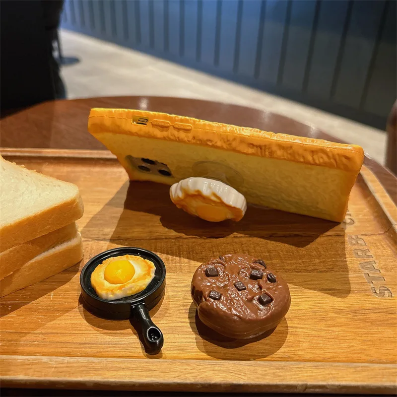 

Soft Silicone Phone Case for iPhone, 3D Simulation Toast Bread, Kickstand Biscuit Egg, Protective 15, 14, 13, 12, 11 Pro Max