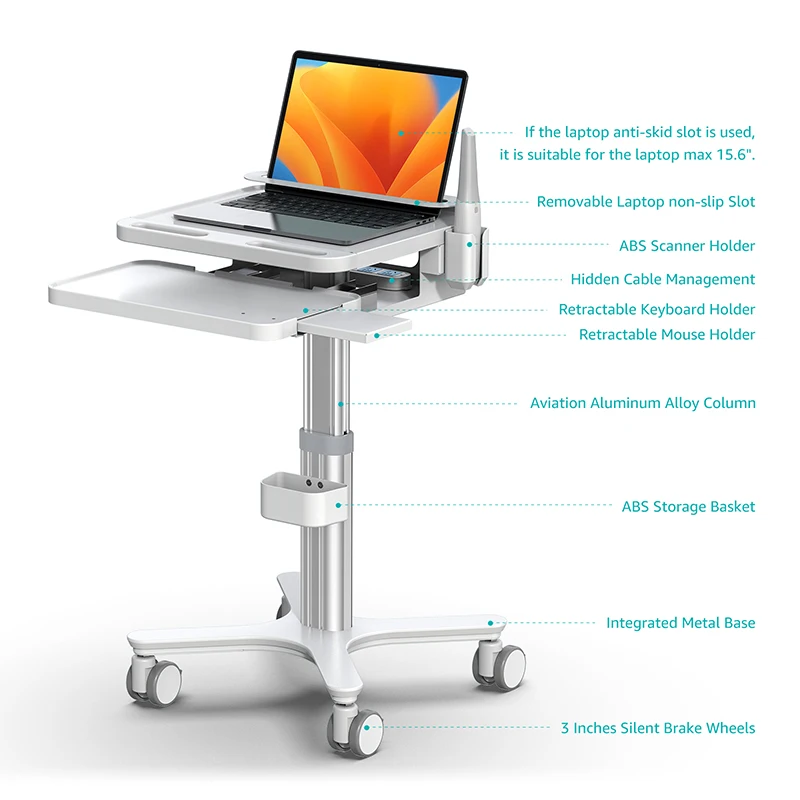 Bewiser Medical Cart Scanner Trolley Stand For Hospitals/Warehouse/Classroom/Beauty Salon And Other, Laptop Mobile Workstation