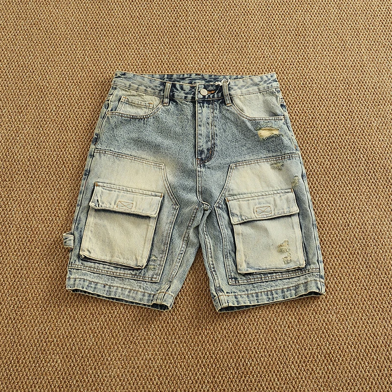 Summer new popular denim medium pants fashion men high street trend fashion baggy multi-pocket cargo quarter pants
