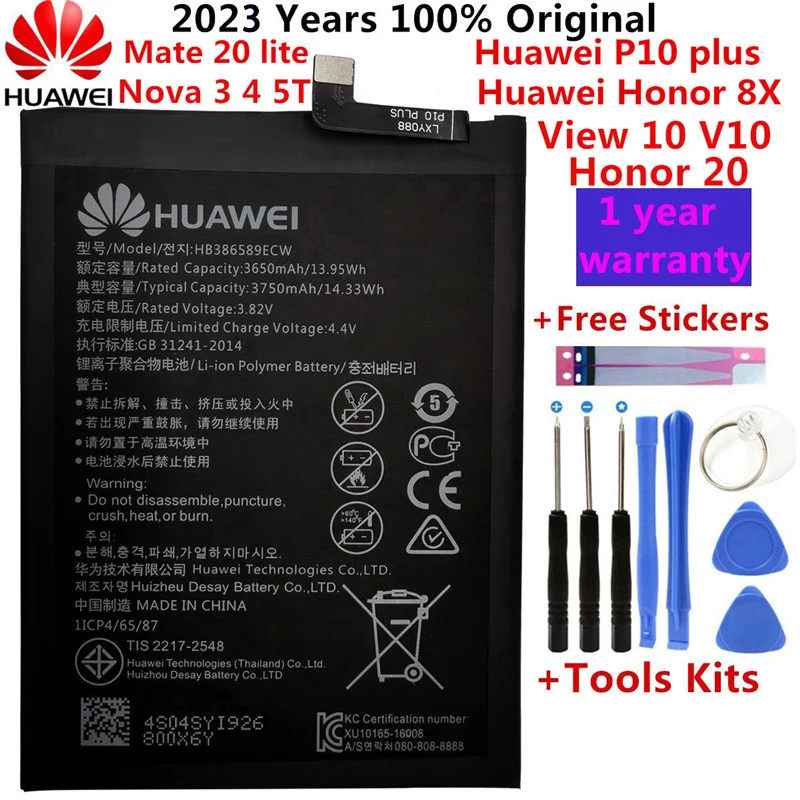 

100% Original Hua Wei 3750mAh HB386589ECW For Huawei Honor 8X View 10 Mate 20 Lite P10 Plus P10Plus Nova 3 4 5T Battery Batteria