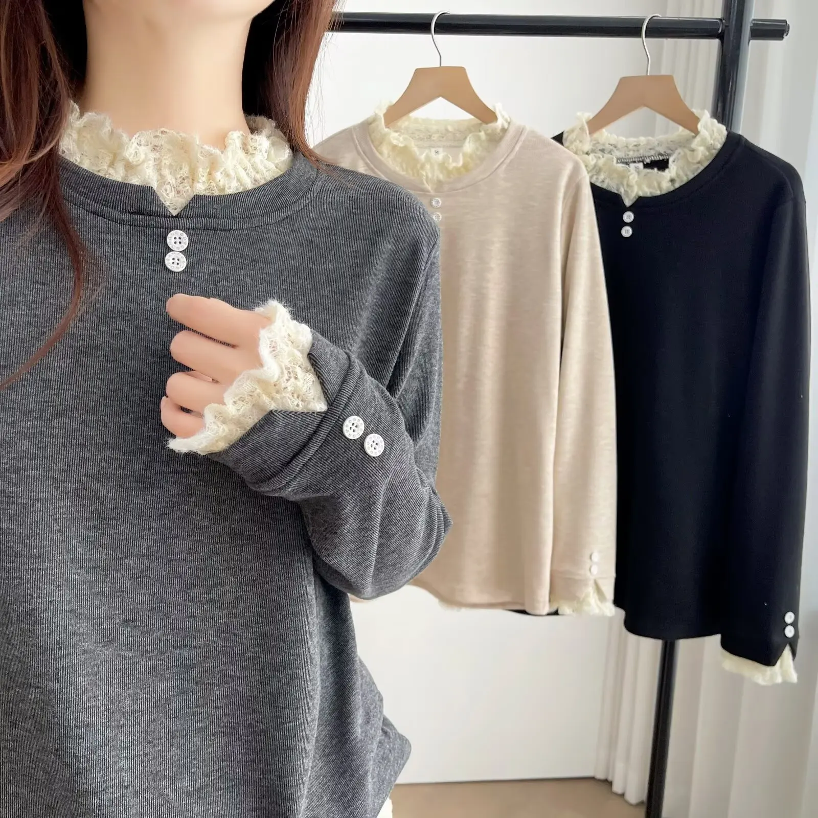 XXXXL Fashion Plus Size Woman Clothing T-Shirt New Autumn And Winter Lace Collar Warm Fleece Long Sleeved Casual Tops 8861