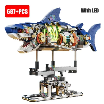 디스플레이 LED 조명 모델 세트, 기술 Moc 해양 기계 상어, 빌딩 블록, DIY 조립 장난감, 선물용