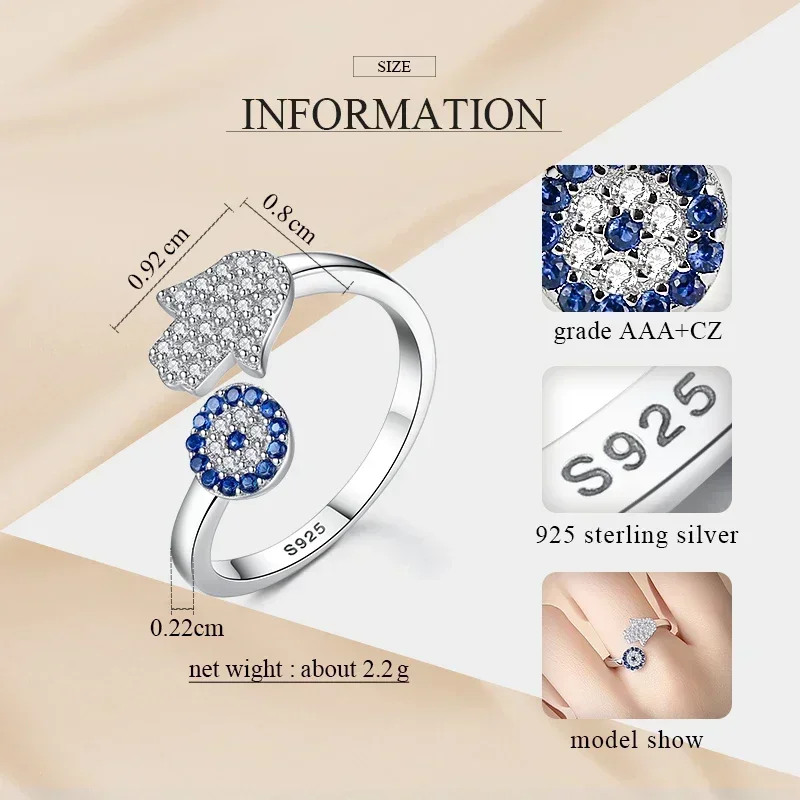 Silver Rings Silver Ring Wedding Rings KALETINE 925 Sterling Silver Evil Eye Blue Eye Hamsa Hand Fatima Hand Adjustable Female Rings Open Size Ring Wedding Jewelry