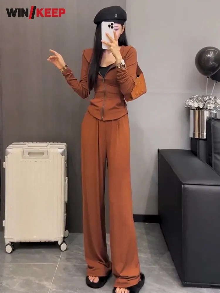용수철 여성용 레이스업 허리 슬림핏 후드 재킷 와이드 레그 팬츠 투피스 세트, 야외 러닝 스포츠 세트, 체육관 피트니스 운동복