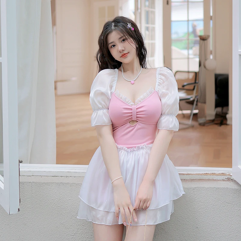 

2023 Women's Swimwear One Piece Swimsuits Patchwork Chic Retro Long Sleeved Sun Protection Gauze Falbala Kilt Bathing Suits