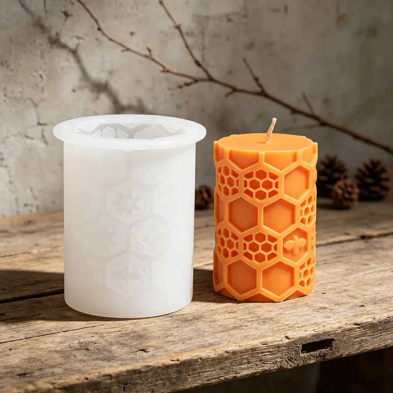 Honeycomb Bee Pillar Silicone Mold - Unique Column Design for DIY Handmade Scented Candles and Crafts