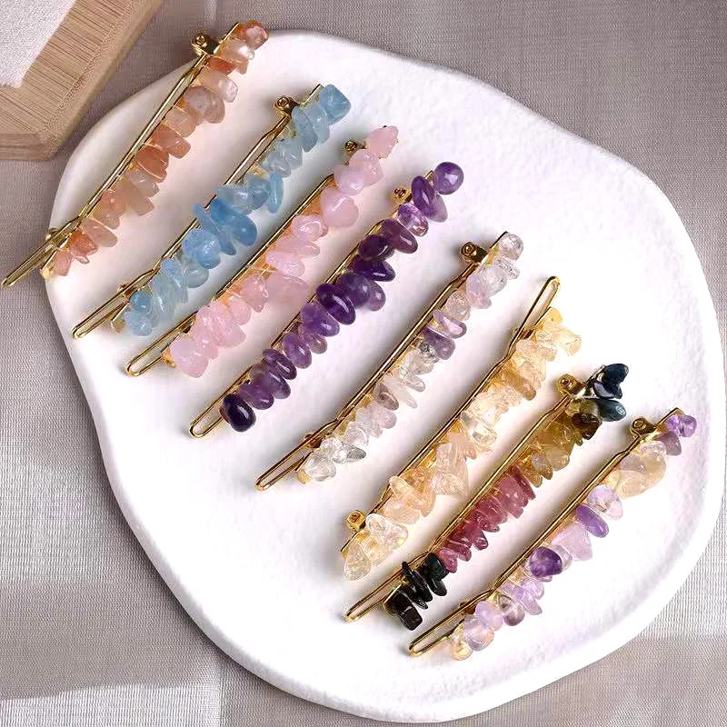 Natural Crystal Stone Hair Clip For Women Colorful Irregular Gravel
