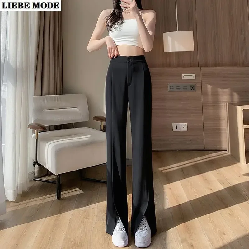

Women's Black Front Slit Suit Pants Fashion Office Lady Straight Pants Elastic High Waist Wide Leg Loose Trousers Plus Size 5XL