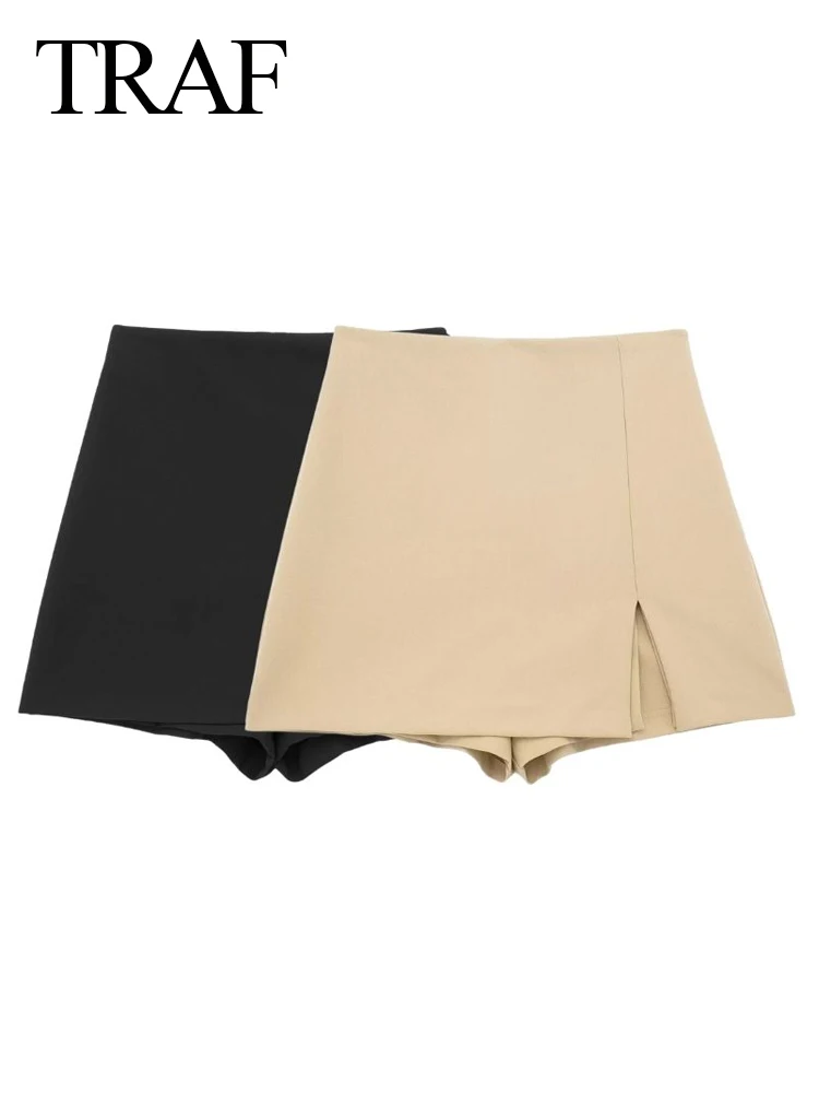 

TRAF Women's Soild Skort High Waist Skirt Shorts Woman Fashion 2023 Slit Summer Shorts For Women Streetwear Casual Shorts