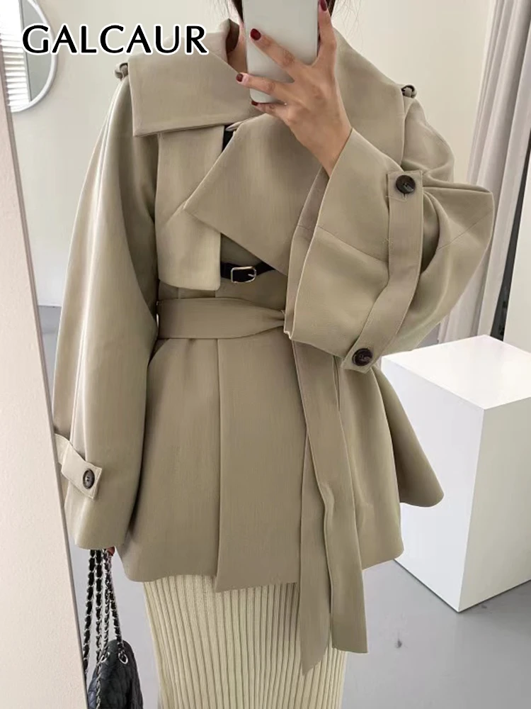 GALCAURSolidTrenchForWomenLapelFlareSleevePatchworkLaceUp