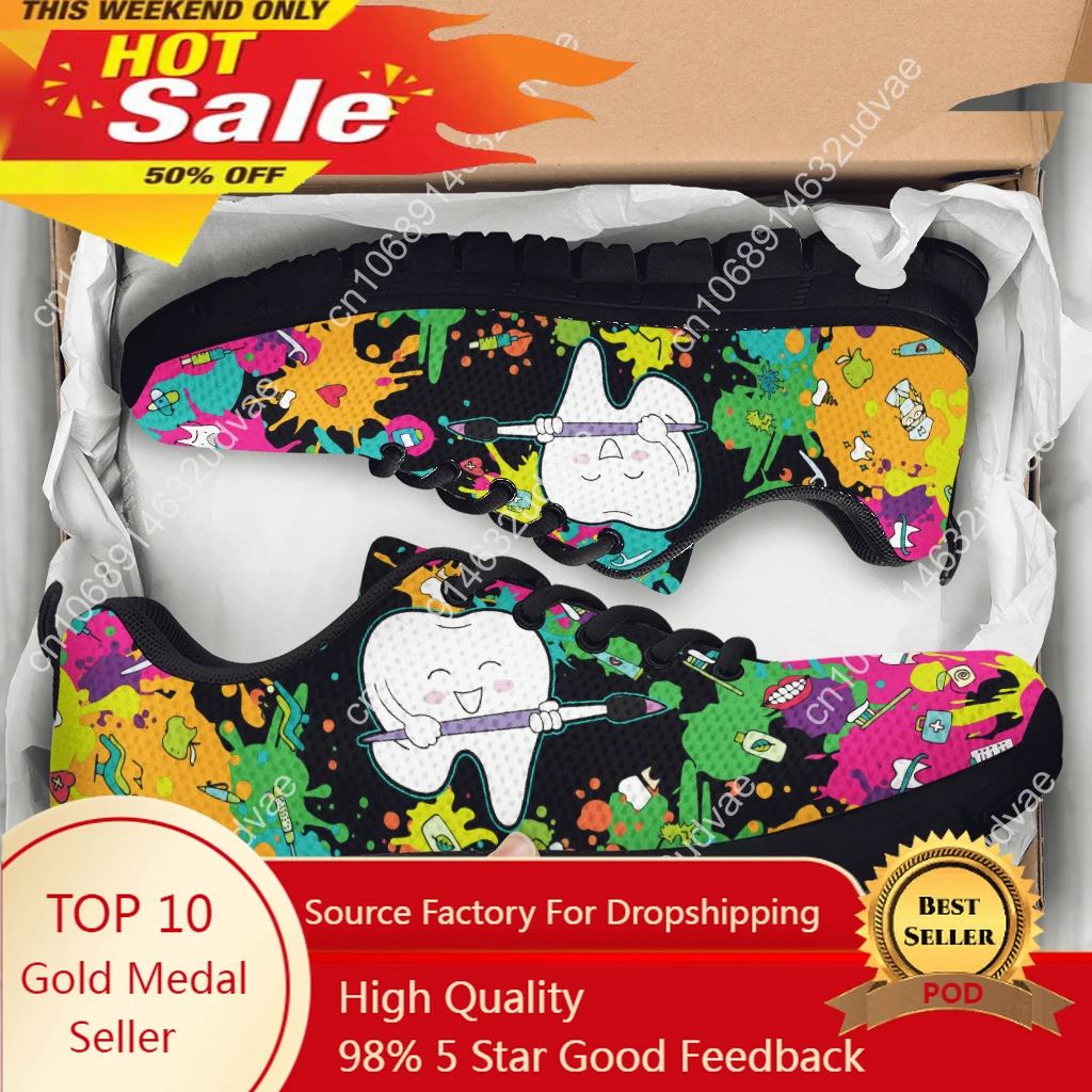 Dental Footwear Tie Dye Painted Mesh Shoes Cartoon Teeth Print Walking Sneakers Women's Outdoor Tennis Footwear 2023