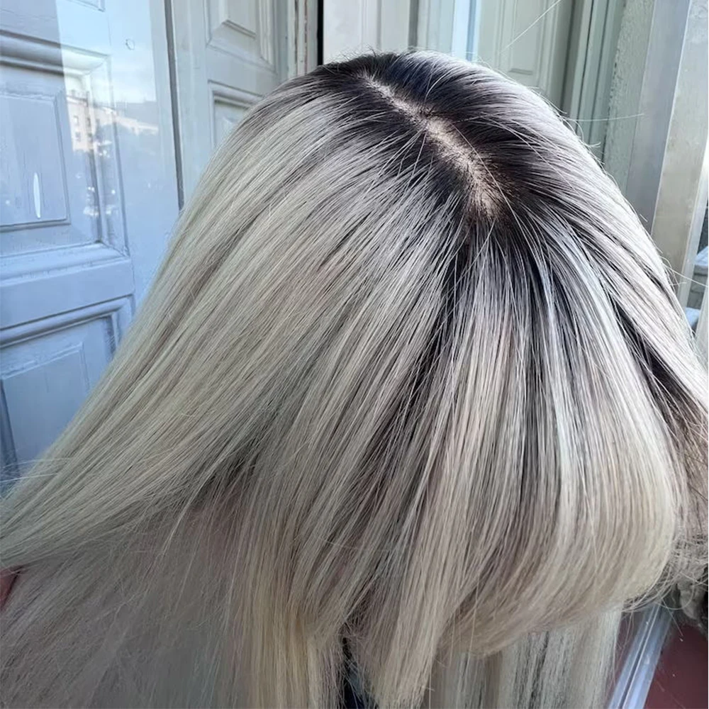 Rooted Platinum Blonde Wig with Bangs Lace Front Human Hair Wig Promotion Sale Lace Wigs HD Front Straight Fringe