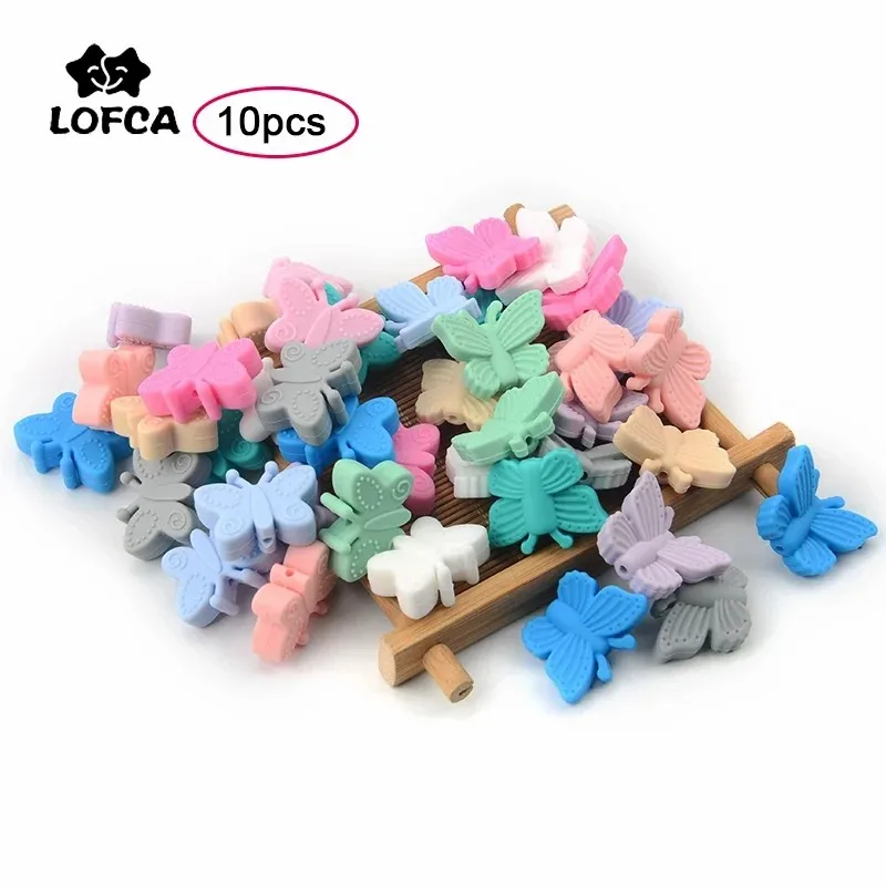 LOFCA Silikon-Schmetterlingsperlen, 10 Stück/Lot, lose Silikonperlen, BPA-frei, Lebensmittelqualität, DIY-Schlüsselanhänger, Perlenschmuckzubehör