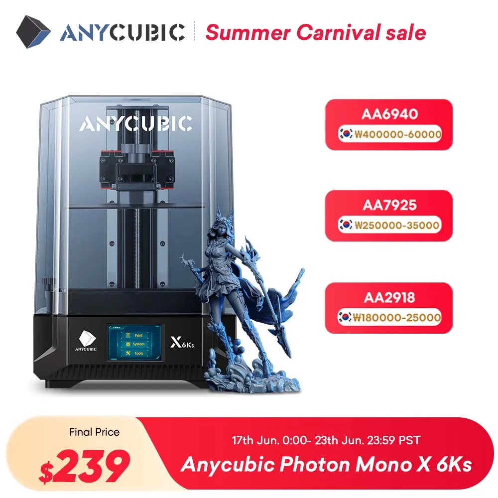 ANYCUBIC 포톤 모노 X 고속 UV 송진 3D 프린터, 9.1 인치, 6K LCD SLA, 인쇄 크기 200*196*122mm, 6Ks