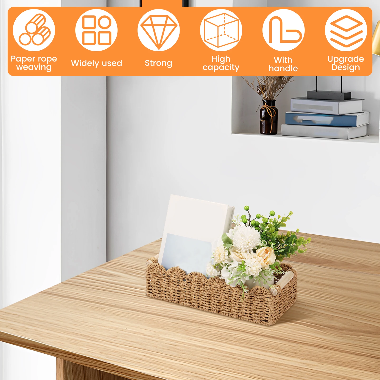 Handmade Storage Basket Desktop Woven Shelf Basket Rectangular Cosmetic Box Vintage Toilet Woven Box Organiser for Home Bathroom