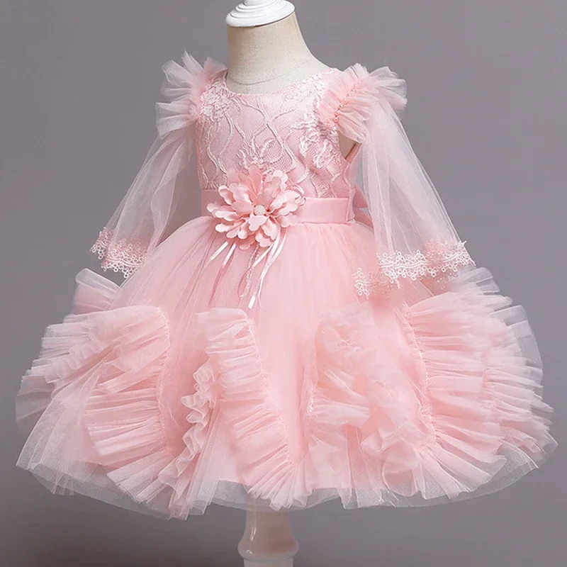 

Baby Girl Pink First Birthday Party Dress 12 Months Newborn Baby Kids Special Occasion Dresses for Photoshoots Tulle Long Sleeve