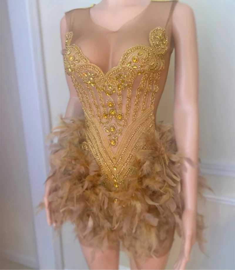 

Gold Luxury Sheer Feather Short Prom Dresses For Black Girls Sexy Women African Cocktail Dresses Birthday Party Homecoming