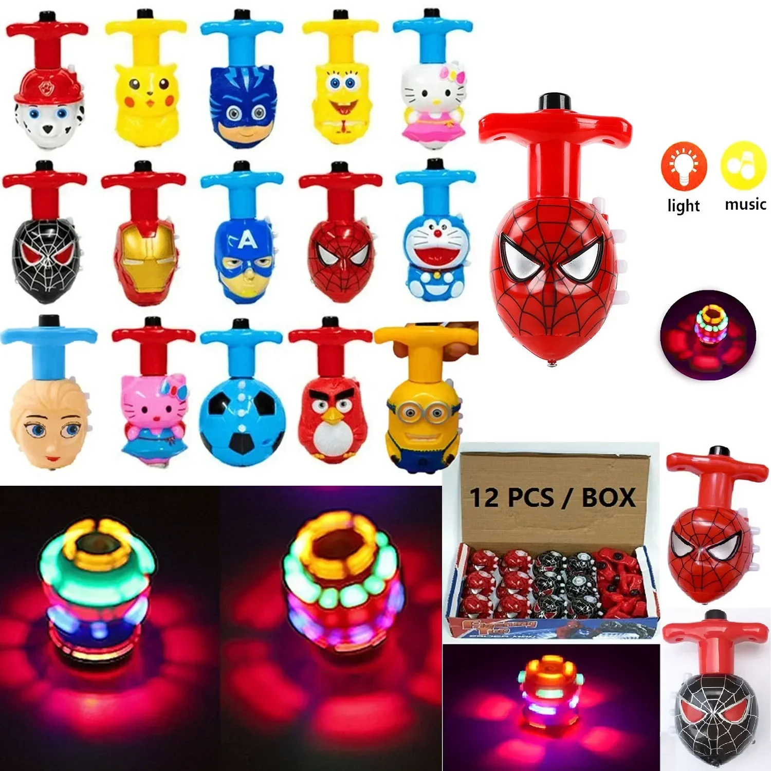 LED 스피닝 탑 플래싱 라이트 음악 피규어, 발 순찰 자이로 장난감, 모델 런처, 야간에도 빛나는 회전 어린이 장난감, 12PCs/BOX