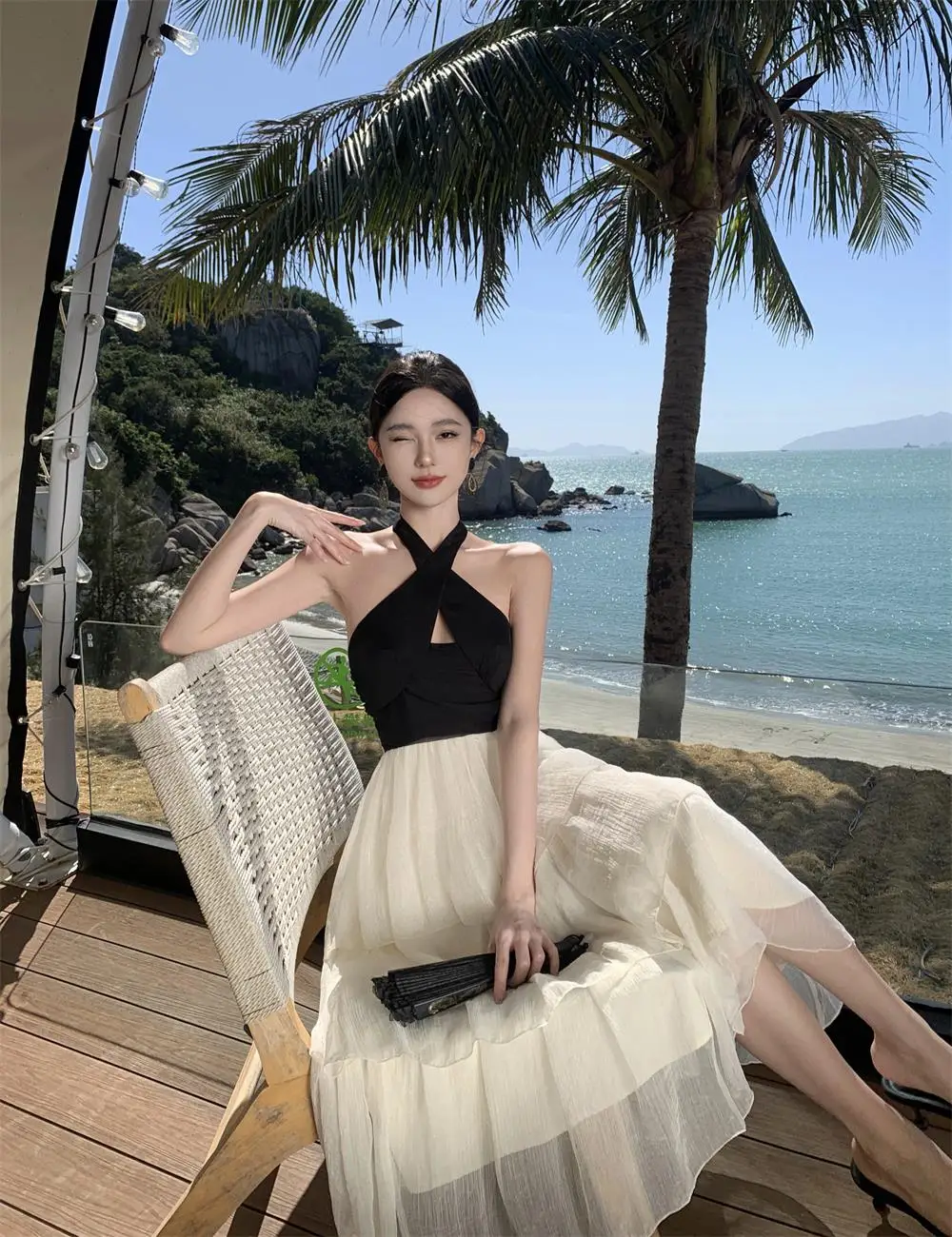 Elegant Patchwork Ruffles Cake Dresses for Women Halter Sleeveless Backless Evening Party Dress Prom A-line One Piece Vestido