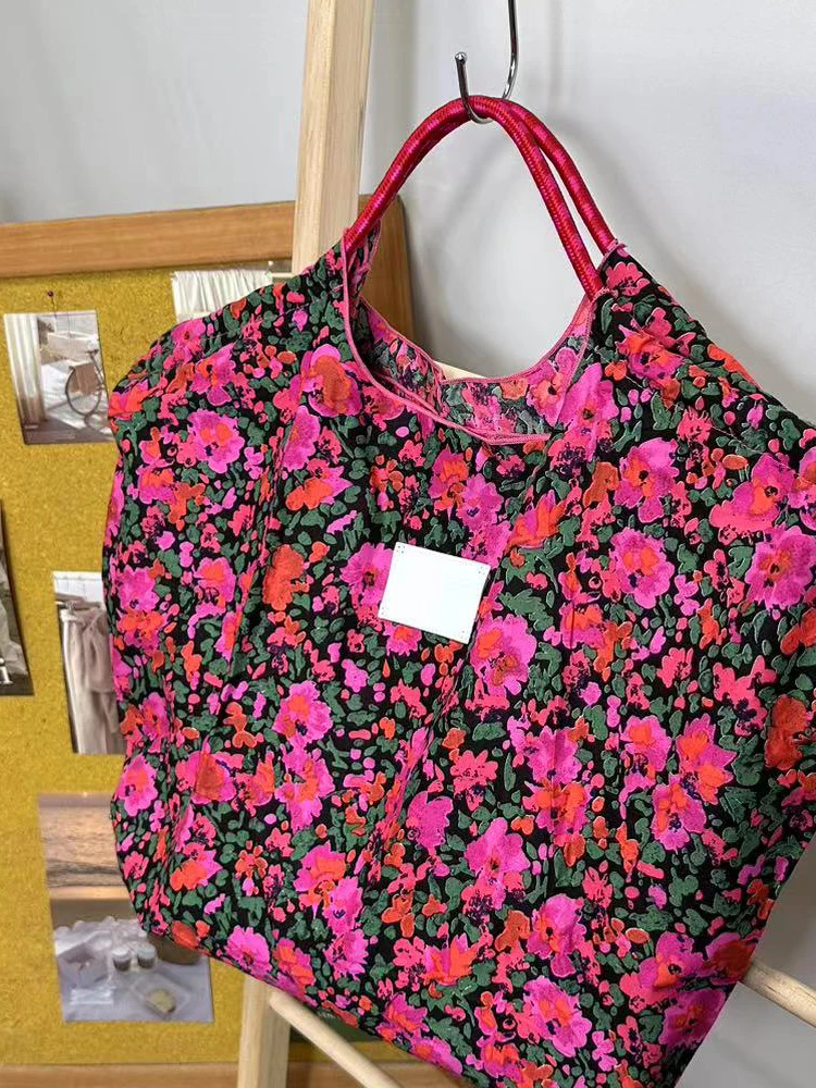 Japanese Rose Flower Shopping Bag Large Capacity Canvas Shoulder Bag Women's Eco-Friendly Foldable Tote