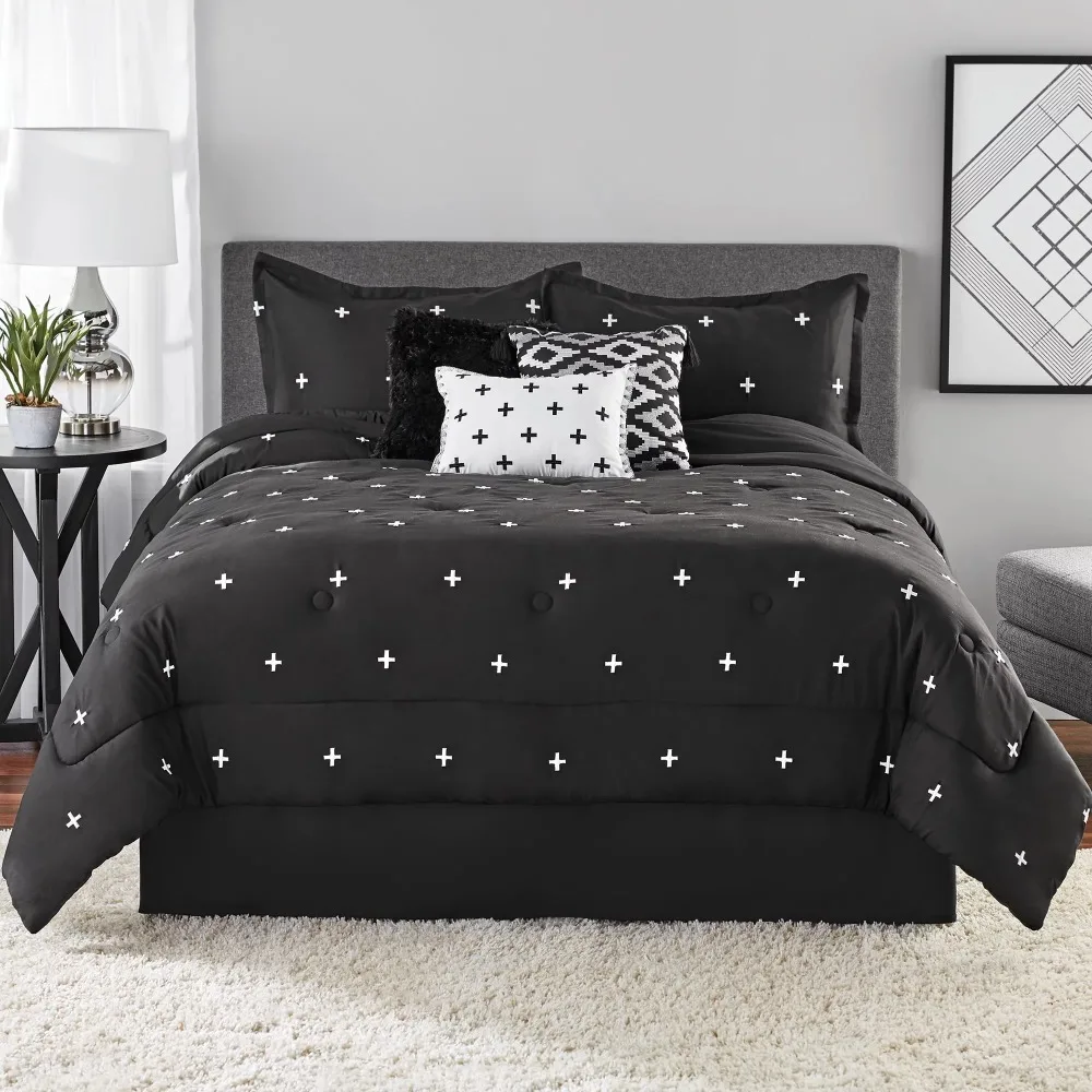 

7-Piece Black Embroidered Comforter Bedding Set, Full/Queen Bedroom Bed Set