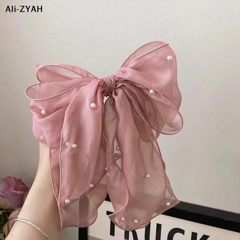 Modische Schleifen-Haarspangen mit Perlen für Damen, elegante Chiffon-Schleifen-Haarspange, Pferdeschwanz-Haarspange, süße Haarschmuck-Accessoires – Detail 7