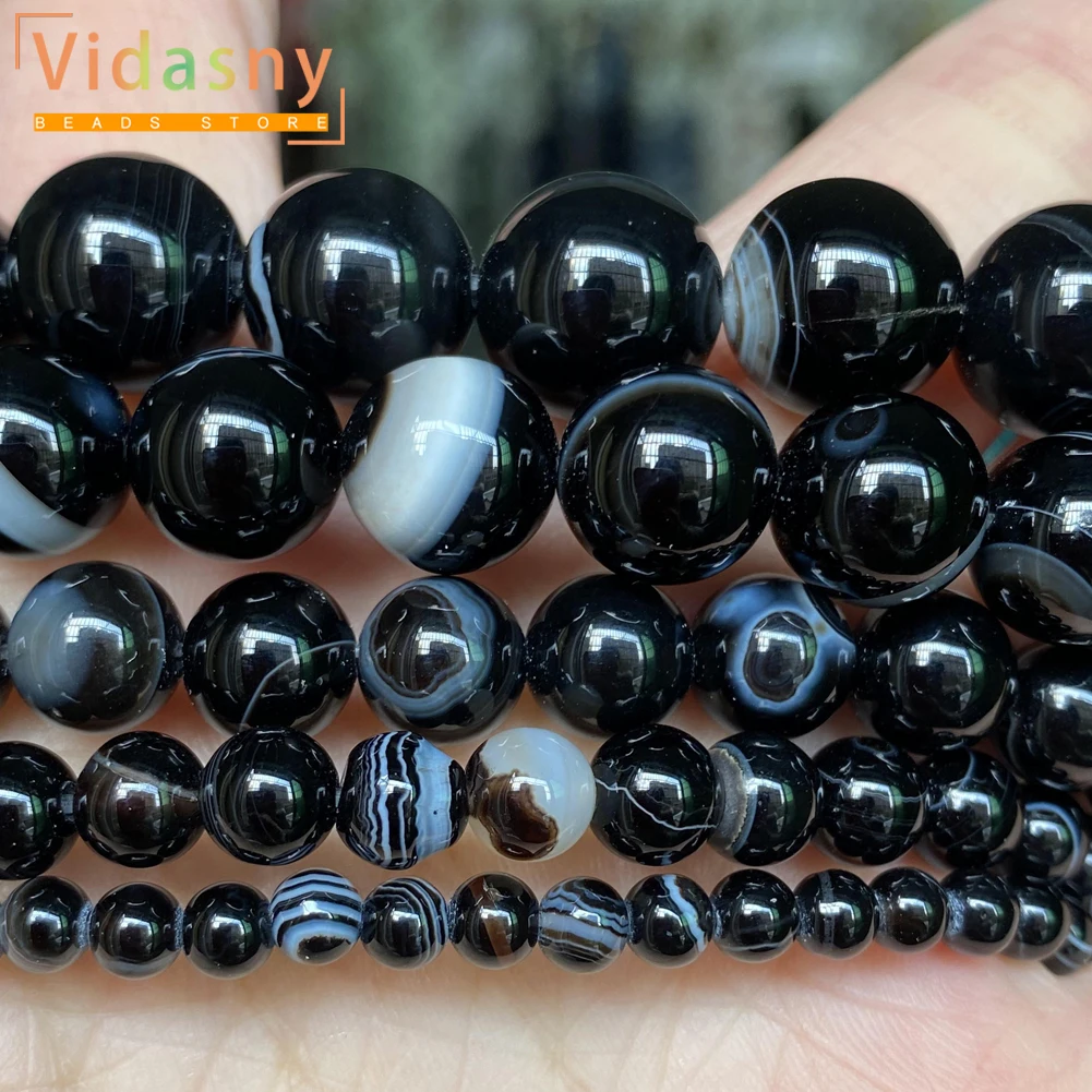 4 6 8 10 12mm Natürliche Stein Perlen Schwarz Streifen Achat Stein Runde Lose Perlen Für Schmuck Machen Diy handwerk Armband Zubehör – Detail 12