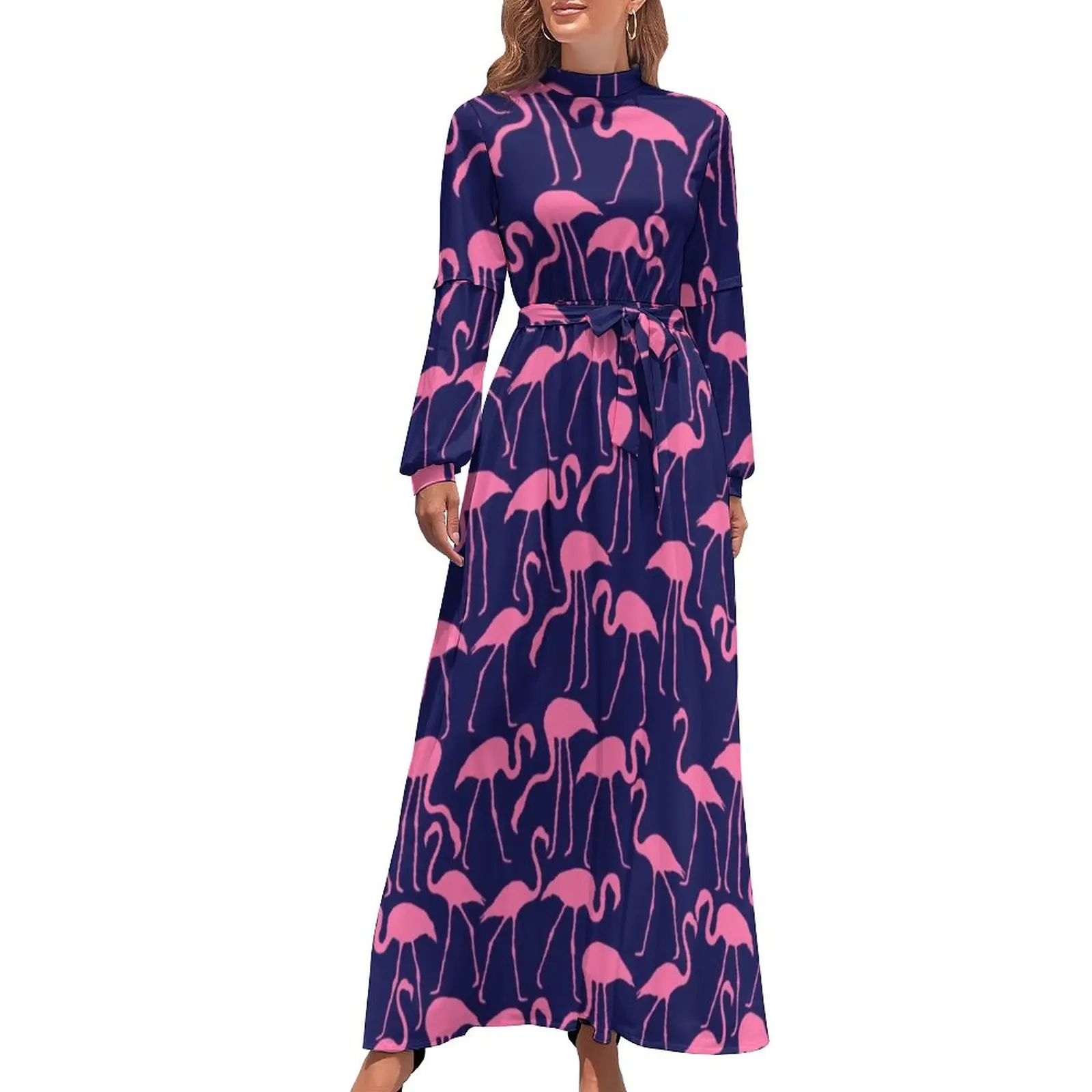 

Pink And Navy Flamingo Dress Animal Print Aesthetic Boho Beach Dresses Women Long Sleeve High Neck Sexy Long Maxi Dress